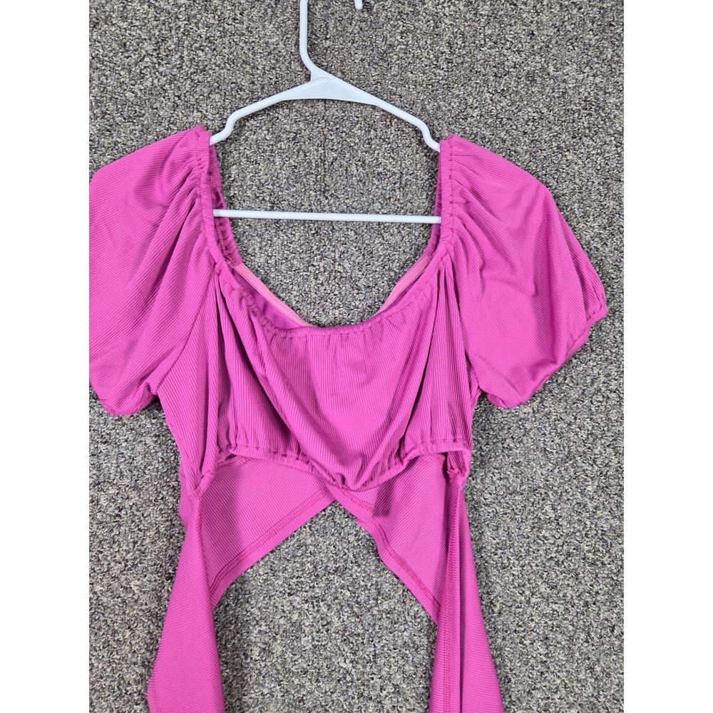 New Mode Puff Sleeve Crop Top Womens Large Pink Ribbed Wrap Tie Waist - Picture 4 of 9